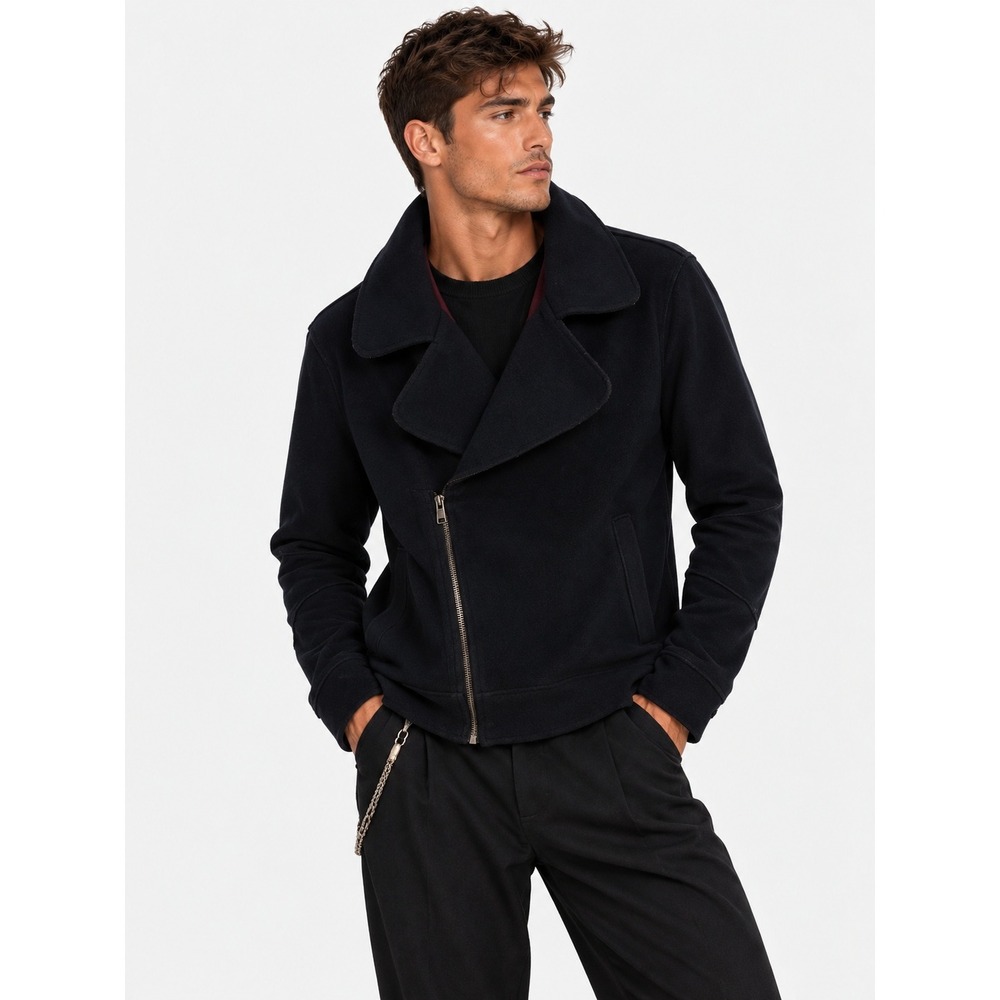 Antony Morato Mens Navy Blue Asymmetrical Zip Moto Jacket Wool Blend Size 48 M
